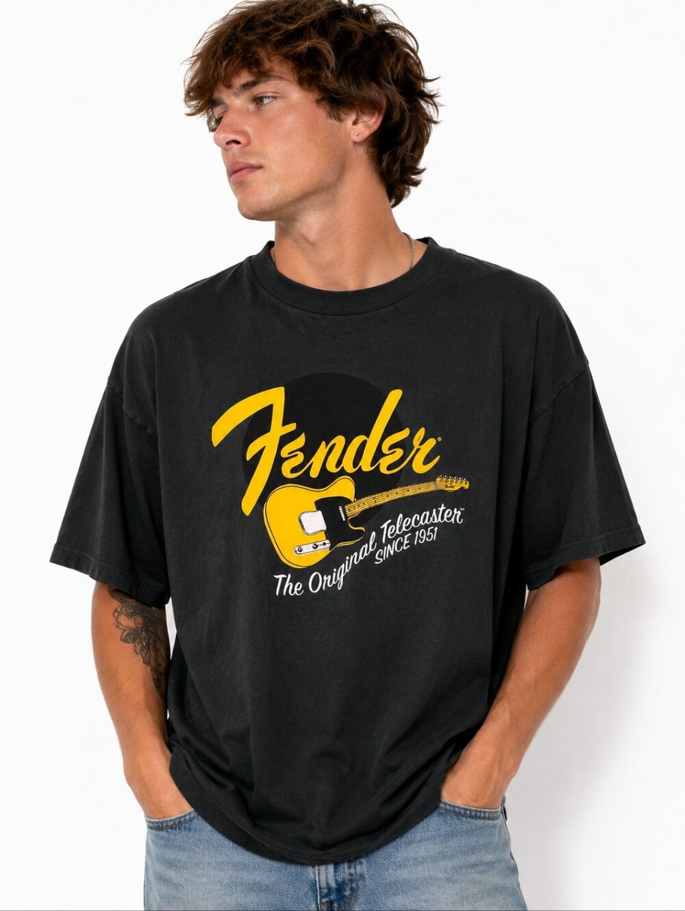 Fender Telecaster Graphic T-Shirt XXL Green Yellow Guitar Band Tee 100% Cotton